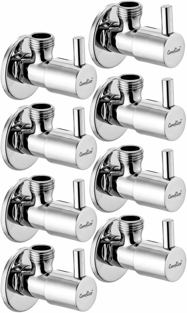 Full Brass Angle Valve (BSP Size 1/2") with SS 304 Wall Flange | Premium Chrome Silver Finish, Leak-Proof (Pack of 8)