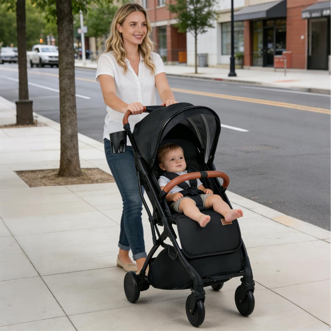 LIFEZEAL Poussette Légère pour Enfants de 0 à 3 ans, Poussette de Voyage Pliable avec Capote, Repose-pieds, Porte-gobelets, Panier de Rangement, Housse de Pluie, Jusqu'à 15 kg (Noir)