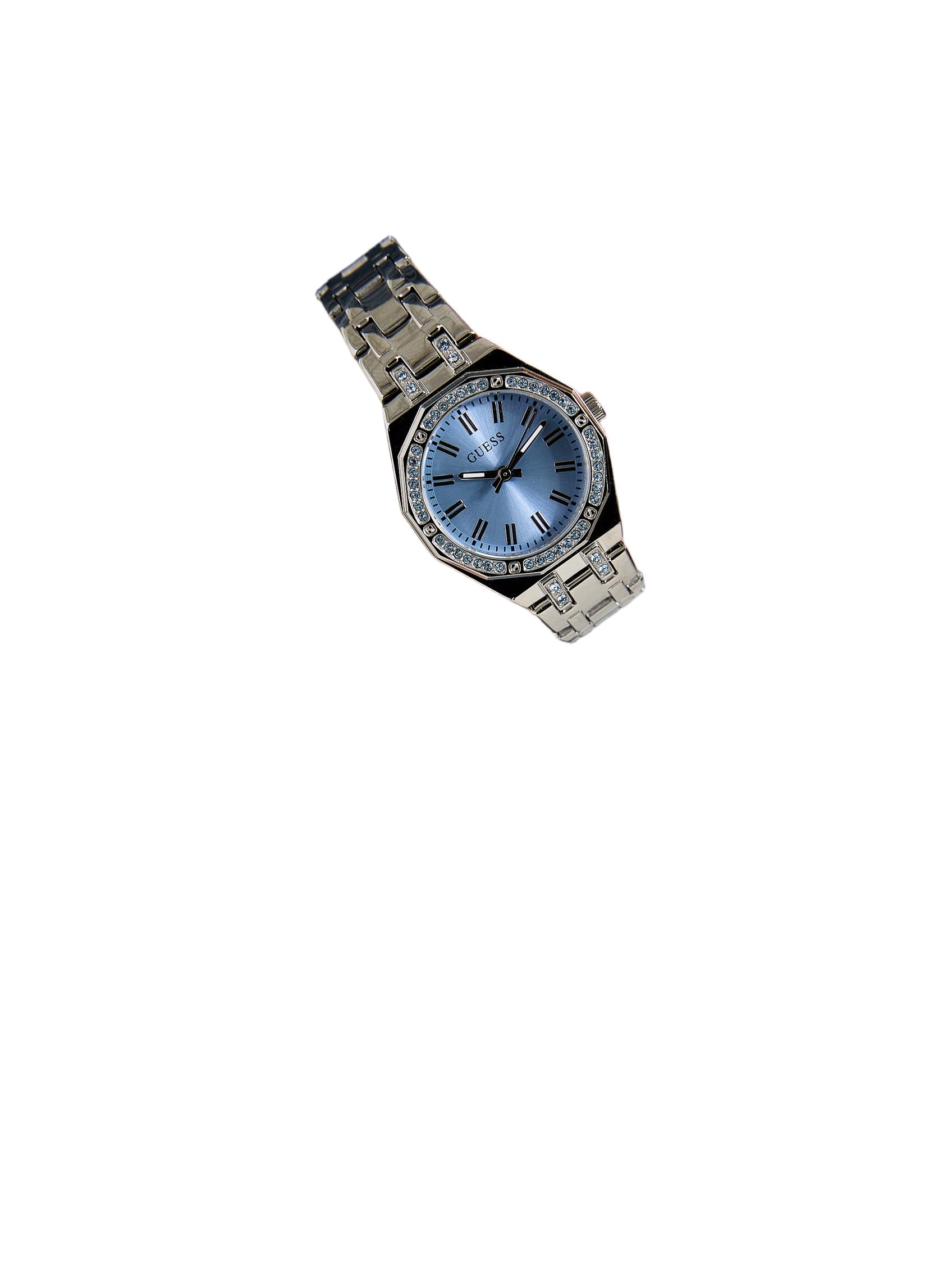 Guess Damen Armbanduhr Pixie mit Zirkonia, silberfarbenes Edelstahlarmband, Mineral Glas, blaues Ziffernblatt, 3 Bar, Gehäusedurchmesser: 25 mm, GW1010L1
