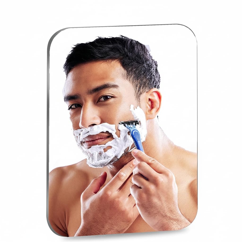 Shatterproof Shower Mirror for Shaving with Hook (Larger 10.7x8 inch)30% Cheaper Than the Original,Unbreakable Plexiglass Makeup Mirror,Largest Bathroom Wall Hanging,Portable Handheld Camping