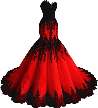 Strapless Mermaid Wedding Dress with Black Lace Applique Formal Gown HS23