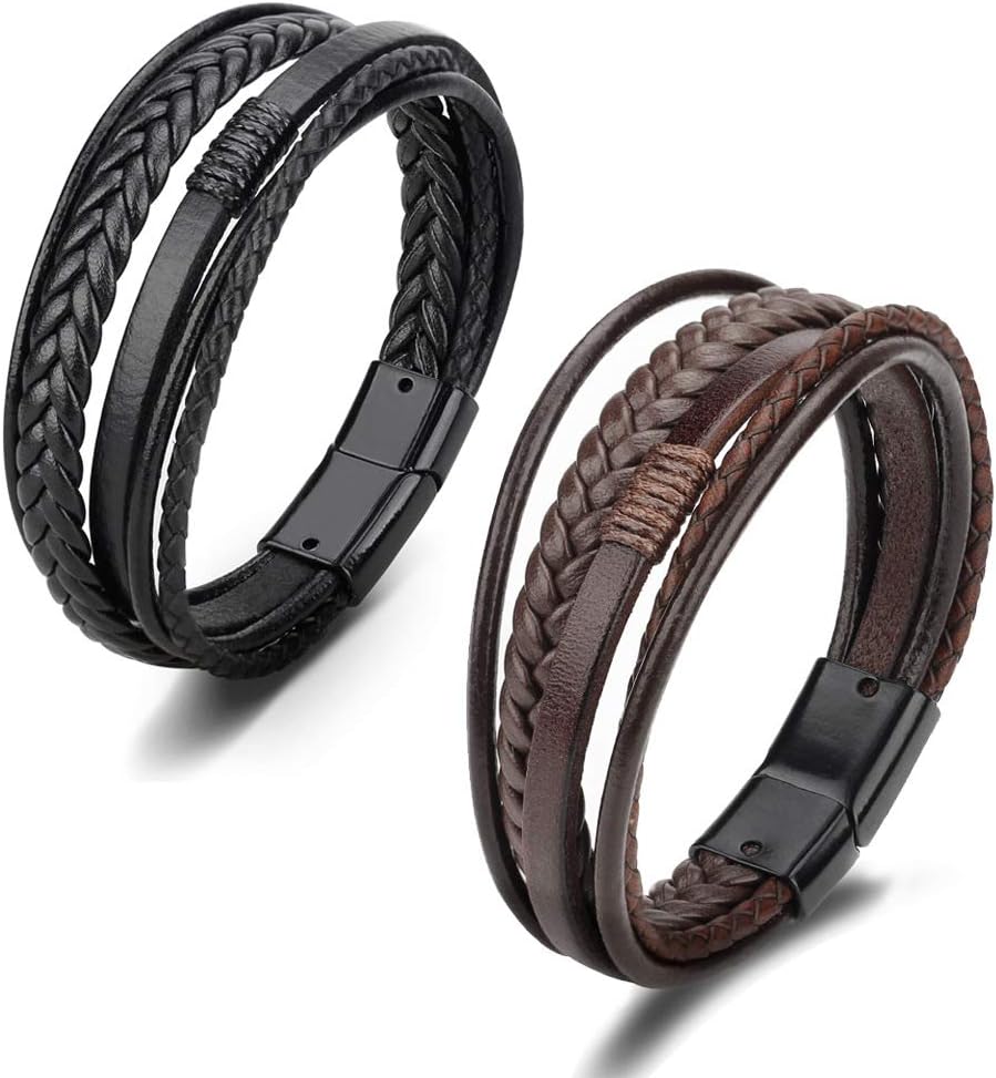 Men's Black Leather Multi-Strand Bracelet Casual Brown Braided Bracelet image 3