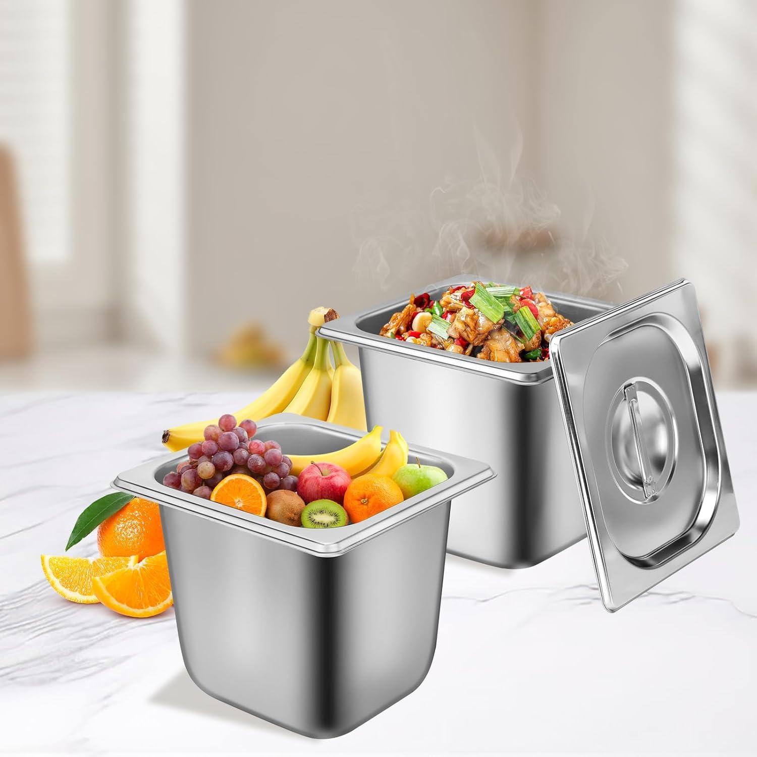 Lot de 6 Pans Gastro en Acier Inoxydable avec Couvercles, Pans de Table à Vapeur 15cm de Profondeur, Contenants Alimentaires Anti-Jam pour Service de Restauration, Buffet, Restaurant, Hôtel Taille 1/6