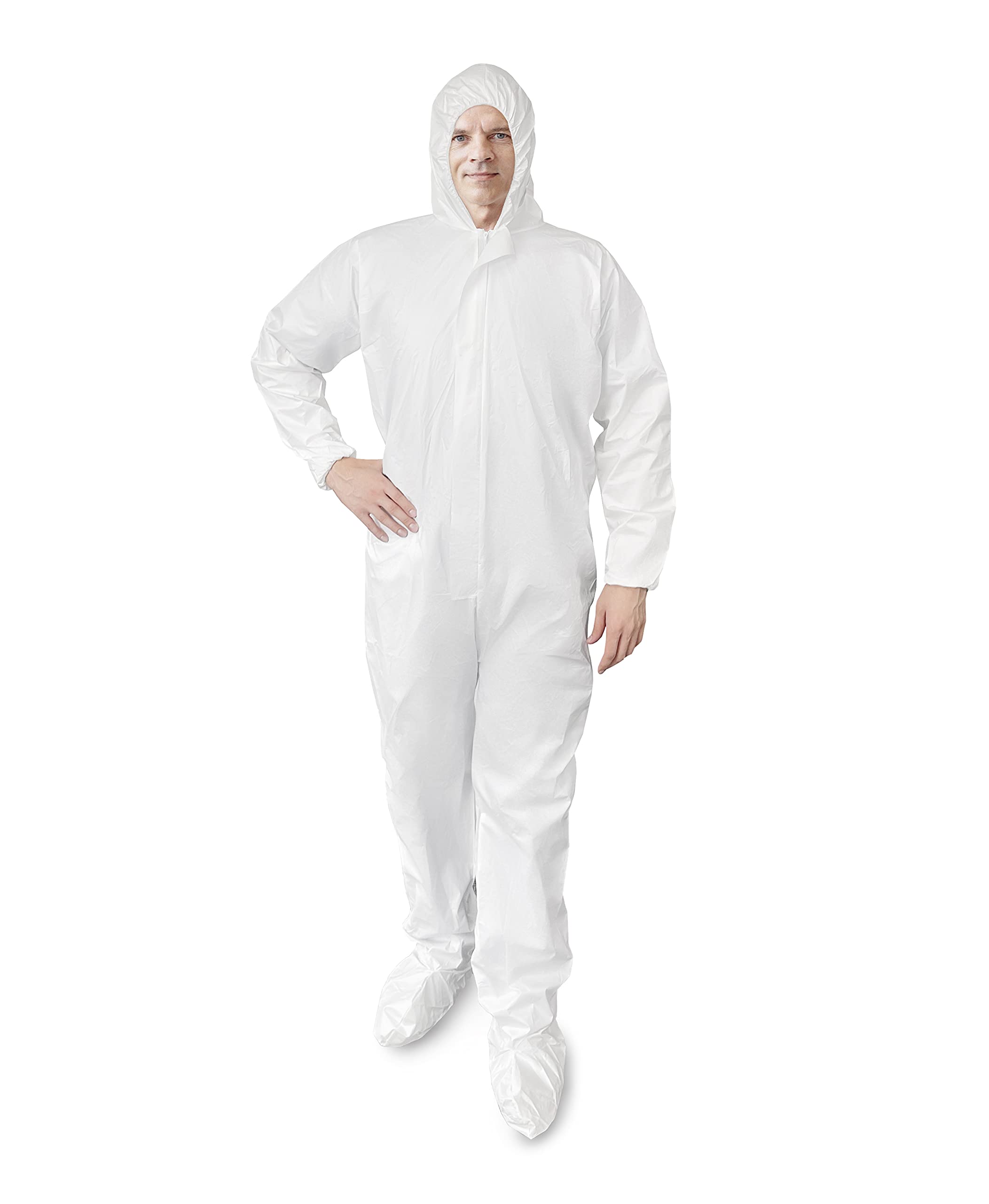 EZGOODZ Amazing Supply Disposable SF Coveralls. Pack of 5 White Body Protective Suits Laminated Polypropylene 60 gsm. Small PPE Workwear with Microporous Film, Hood, Boots, Zipper., White, /