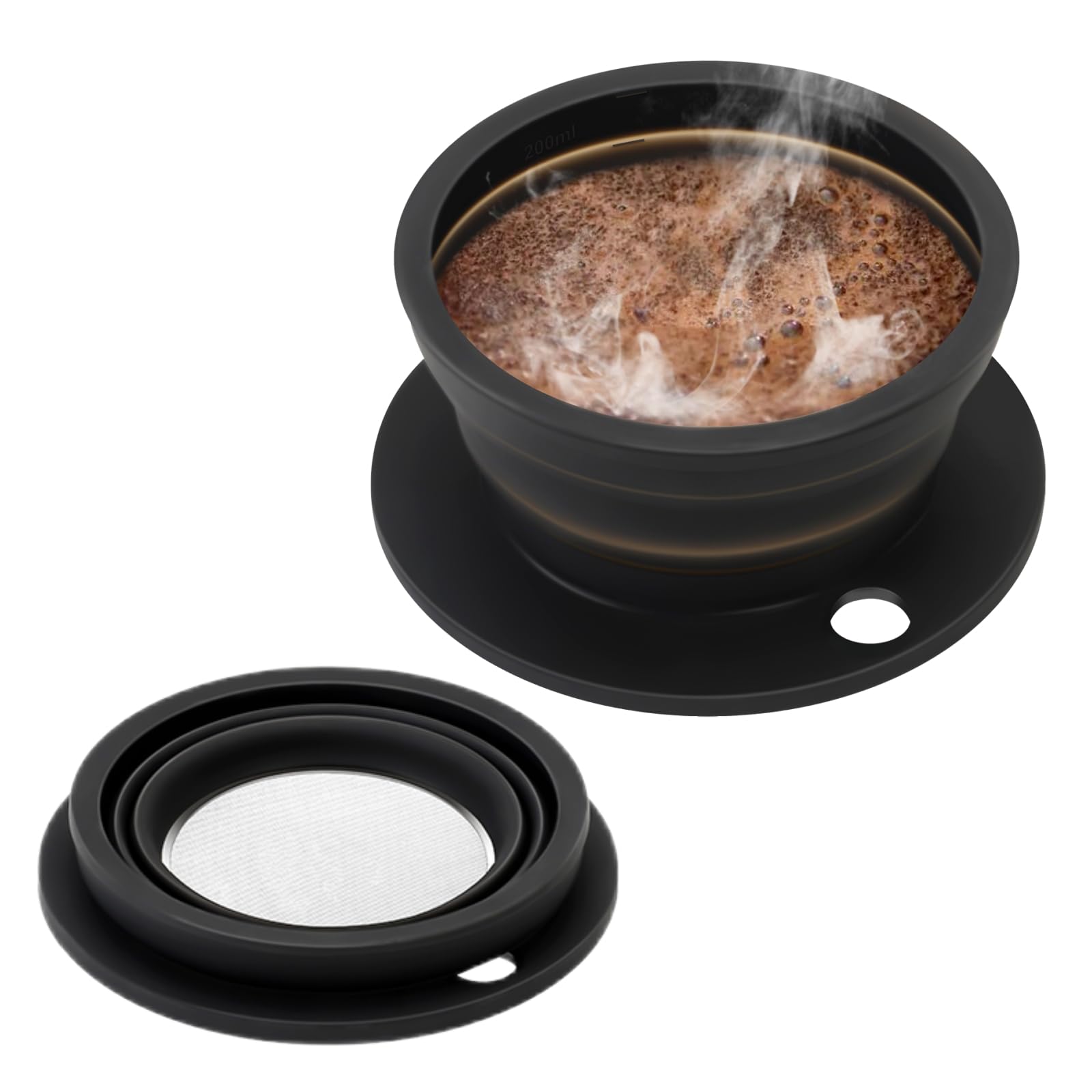 DOFQQG Paperless Collapsible Pour Over Coffee Dripper, Travel Pour Over Coffee Maker Camping with Reusable Metal Filter, Silicone Collapsible coffee filter, Single Cup Coffee Strainer Pour Over Black
