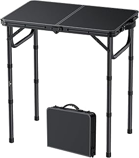 FUNYKICH 2ft Small Foldable Camping Table(22.8'' Lx15.7'' W), 3 Height Adjustable Portable Folding Table, Lightweight Aluminum Outdoor Table with Carry Handle for Camping, Beach, Picnic, Black