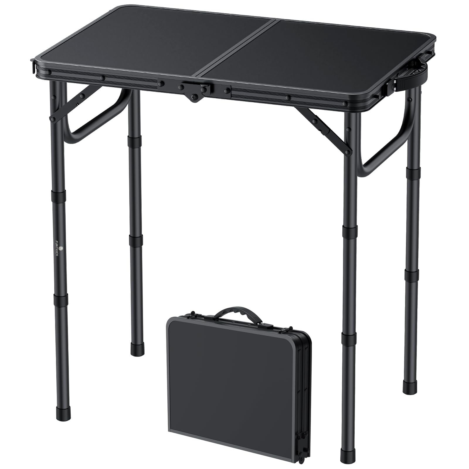 FUNYKICH Small Foldable Camping Tables(58x40cm), 3 Height Adjustable Portable Folding Table, Lightweight Aluminum Outdoor Table with Carry Handle for Camping, Picnic, Black