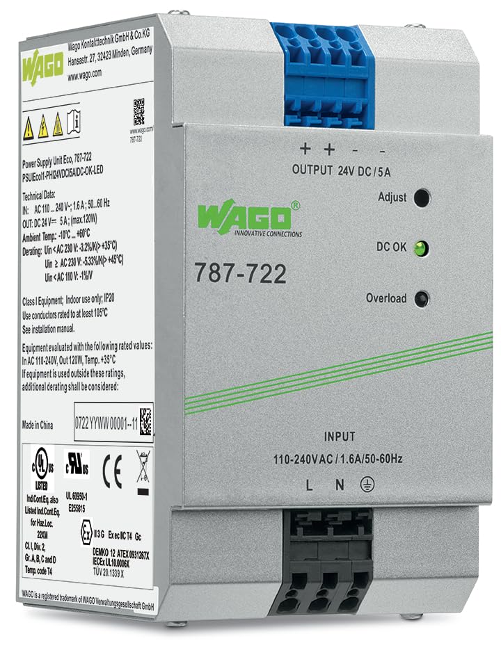 WAGO 787-722 00 MM, 1-Phase, 24 VDC Output Voltage, 4, 5 A Output Current, EPSITRON ECO Power, Switched-Mode Power Supply2