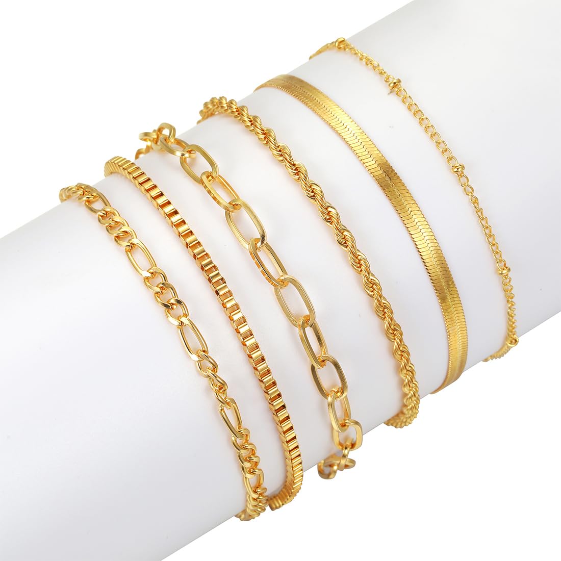 JEYORZY 6pcs Delicado brazalete para mujer, Pulsera Mujer Acero Inoxidable Pulseras en Oro de Cadena de Serpiente Pulsera Ajustable Apilables Pulseras de Oro para Mujer, Simple y Filigrana
