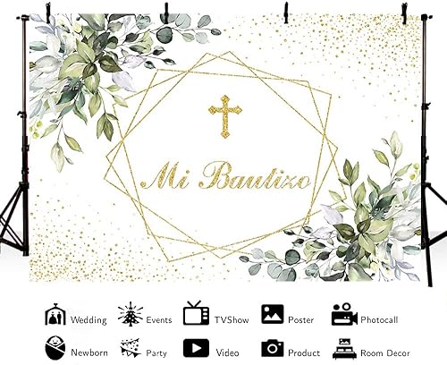 Miniatura 3 de Telón de fondo Mi Bautizo de 8 x 6 pies con hojas verdes para fiesta de bautismo, fondo de fotografía para niño y niña, primera comunión, purpurina
