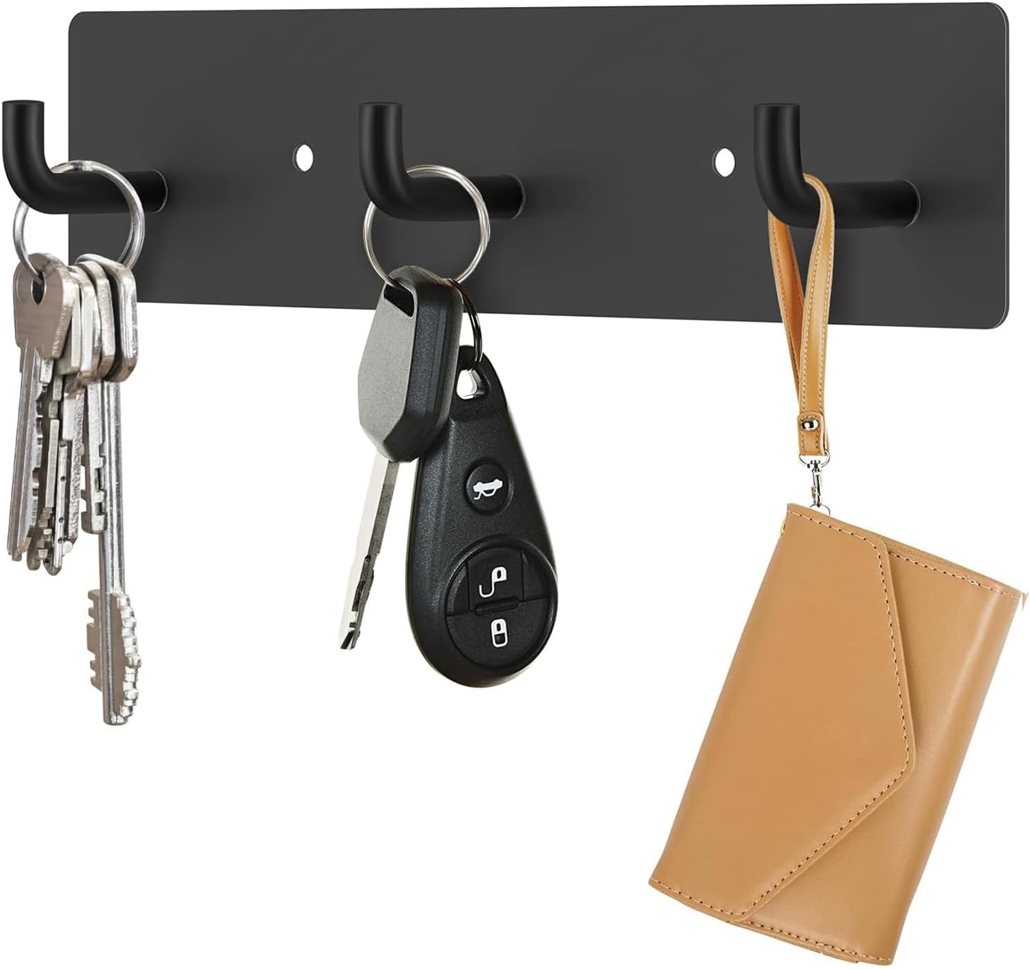RELBRO Key Holder Wall Mount, Small Metal Self Adhesive Key Rack with 3 Hooks, 2 Installation Options, Black