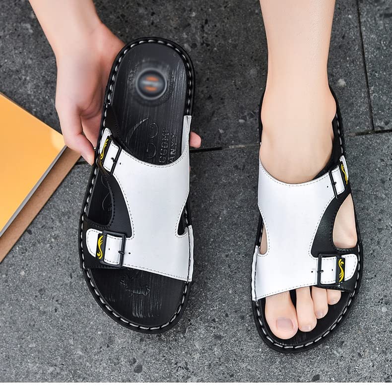 Leather Slippers for Men Slides Male Sandals Beach Outsides Shoes White Sandals Outside Shoes(38 Code)3