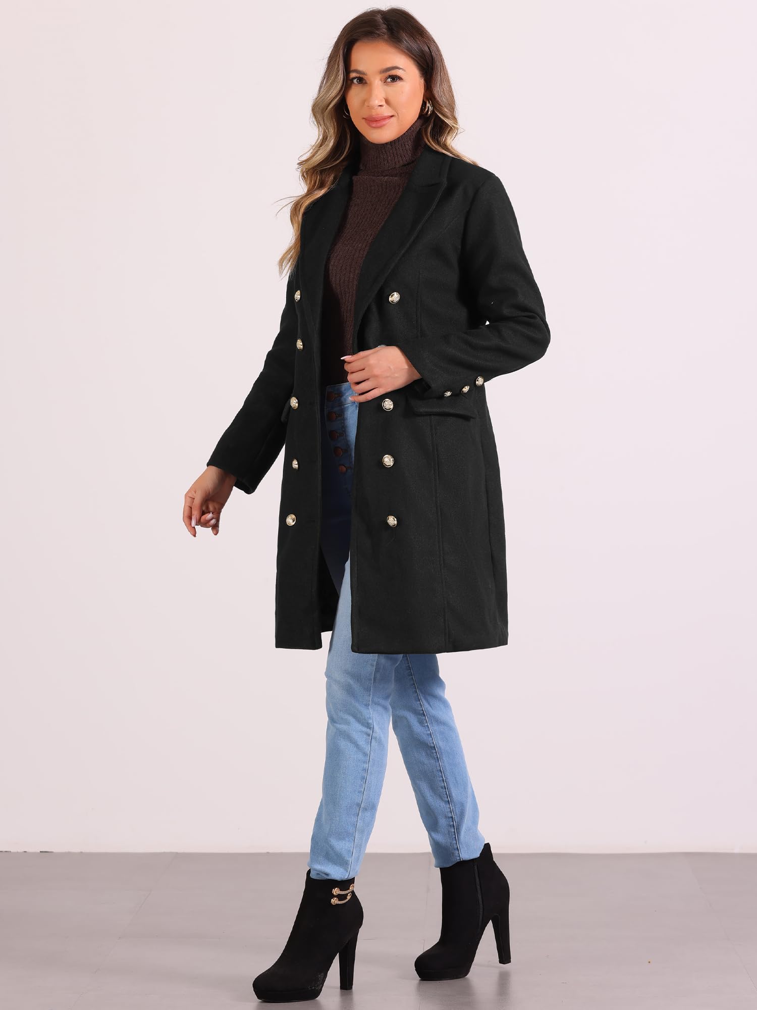Allegra K Femme Manteau Caban Croisé Revers Cranté Long Hiver | Extérieur Mélangé Coton Doublure Intérieure Occasions Bureau Soirée Formelle Revers Cranté