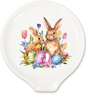 JarThenaAMCS 4.7inch Bunny Rabbit Spoon Rest Watercolor Egg Tulip Flowers Green Small Coffee Spoon Holder for Easter Spring Coffee Stirrers Teaspoon Bar Coffee Station Accessories