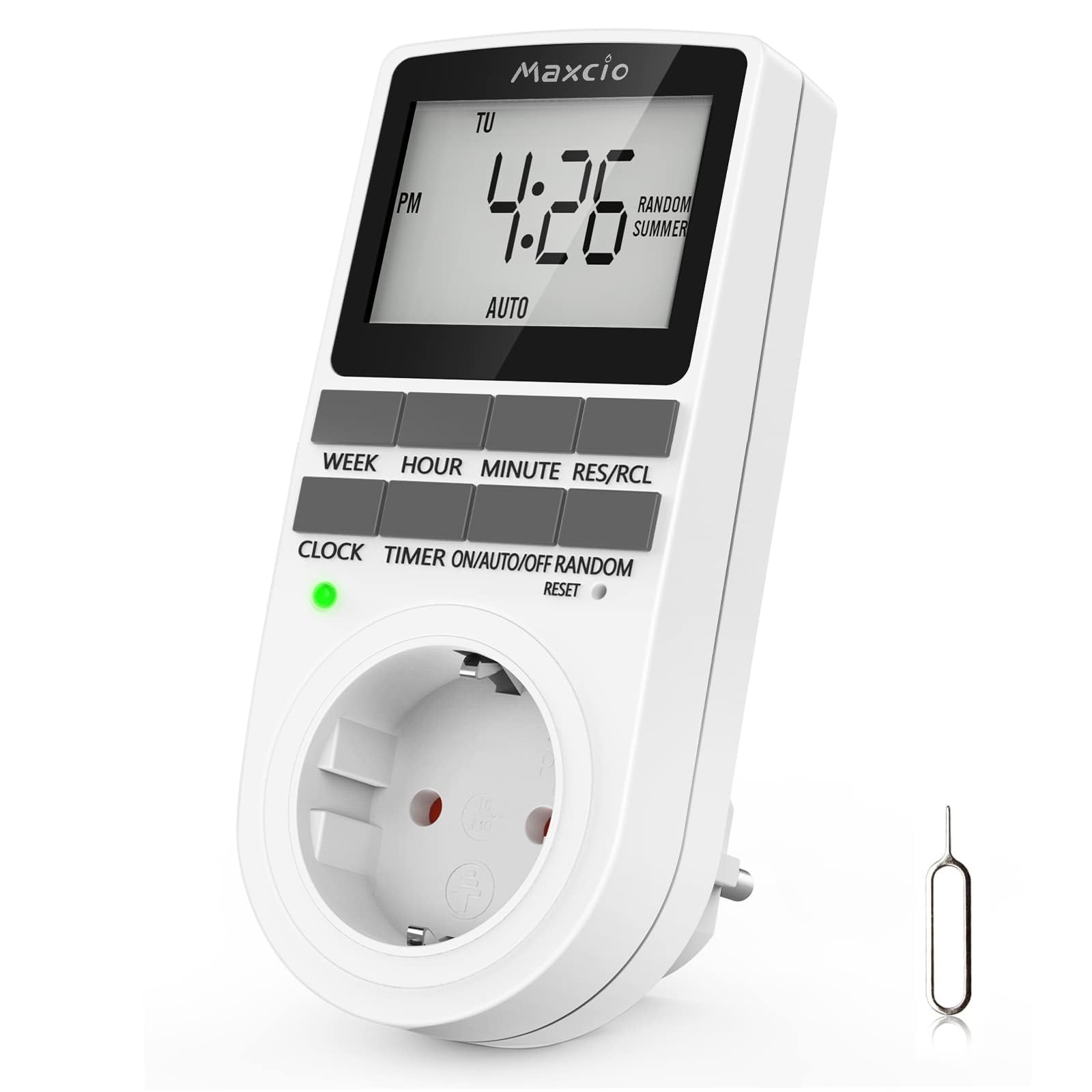 Presa Temporizzata, Maxcio Presa Elettrica Digitale, Spina Timer Programmabile con Ampio display LCD, Modalità Casuale Antifurto, Risparmio di Energia, Adatto ai Molti Elettrodomestici