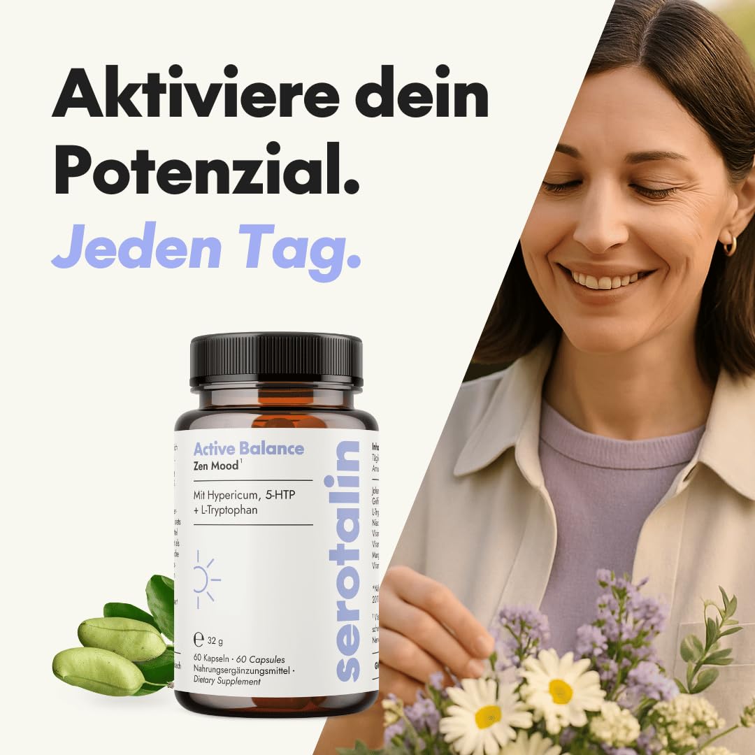 serotalin Active Balance Zen Mood | 60 hochdosierte Johanniskraut Kapseln mit Griffonia & L-Tryptophan, Vitamin D3, B-Komplex & Mangan | Ohne Koffein | Vegan