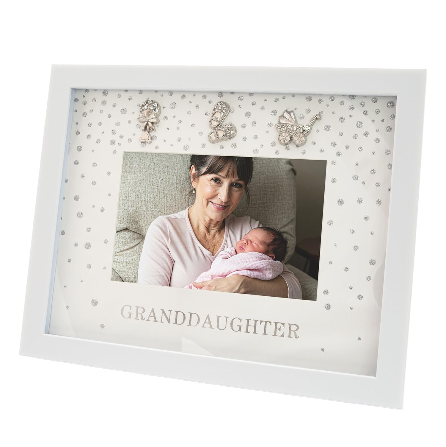 Happy Homewares Modern Granddaughter 4x6 Landscape White Picture Frame with Silver Foil Falling Dots and Letters | For Wall Hanging or Table Mounted