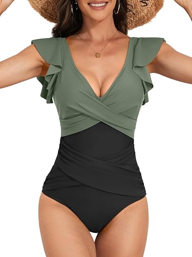 B2prity Women's One Piece Swimsuit Ruffle Slimming Tummy Control Bathing Suit Cr