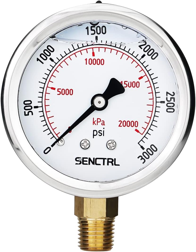 SENCTRL 3000 Psi Glycerin Liquid Filled Hydraulic Pressure Gauge, 2.5" Dial Size, 1/4" NPT Lower Mount, Stainless Steel Case, for Air Gas Water Oil Pressure Test