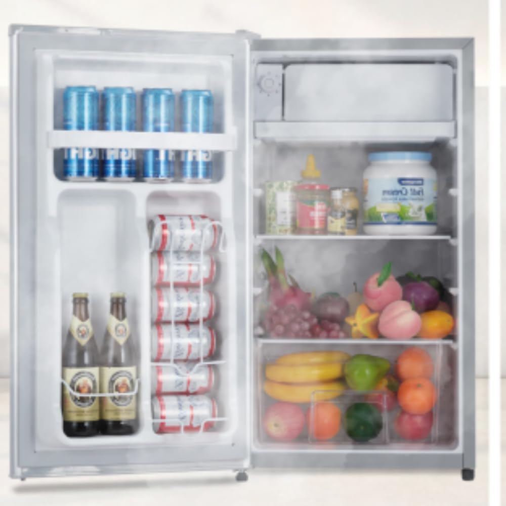 Mini refrigerador con congelador, capacidad de 91 litros con termostato ajustable, cajón fresco, estantes de vidrio extraíbles, mini refrigerador