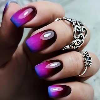 Purple Blue Gradient Press on Nails French Tip Fake Nail Full Cover Short Square False Nails Designs Glossy Artificial Nails Stick on Nail for Women and Girls Women DIY Manicuare 24 Pcs