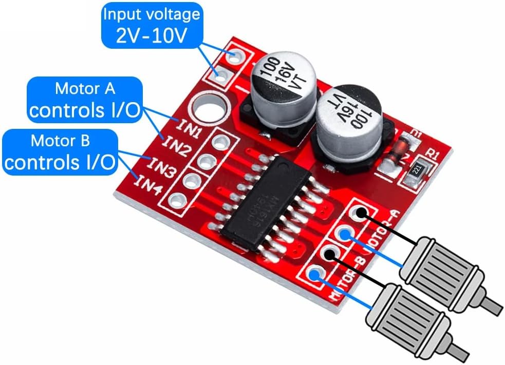 DollaTek motor driver module pinout diagram showing input voltage, Motor A controls I/O (IN1, IN2), and Motor B controls I/O (IN3, IN4)