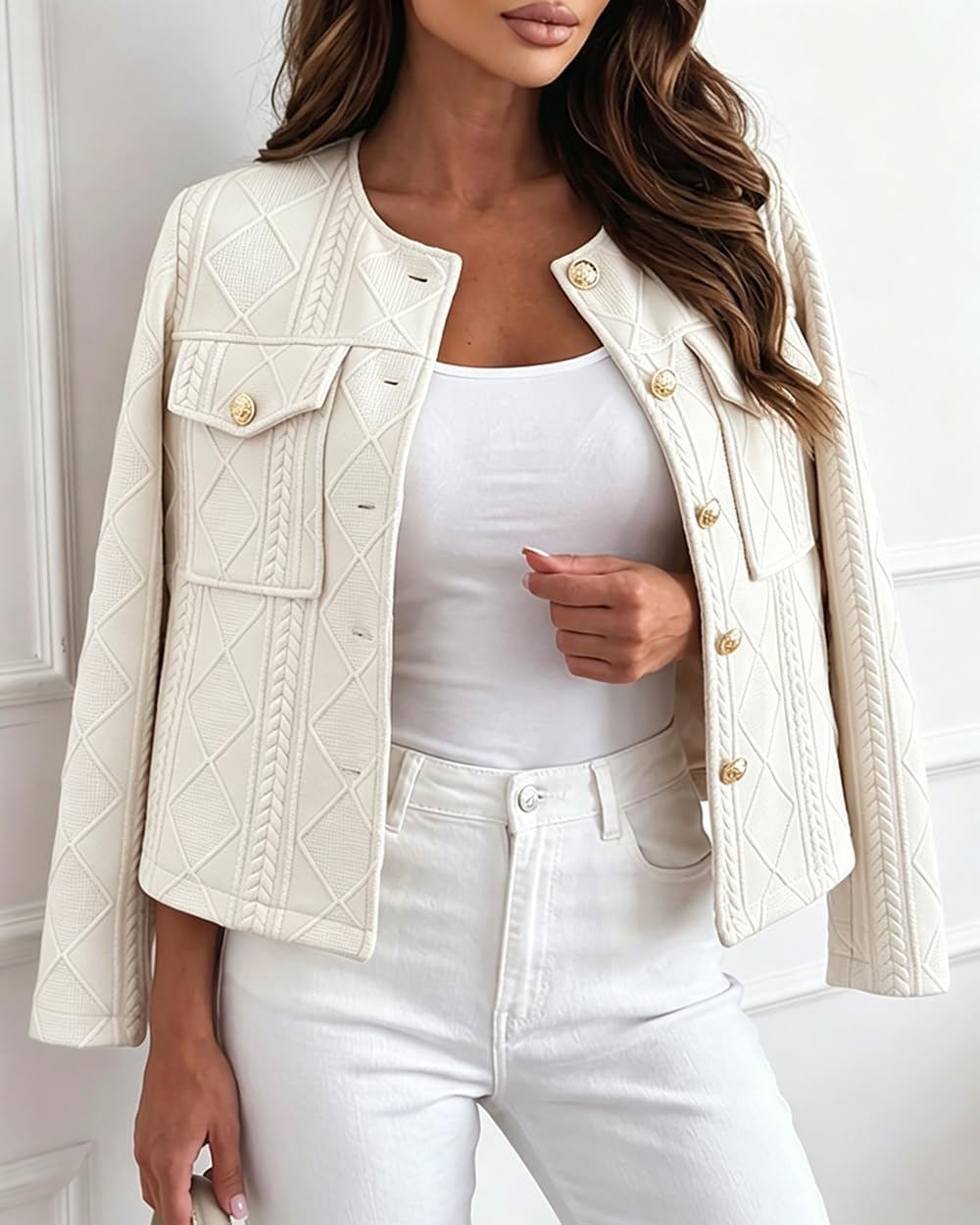 CHICME Womens Bomber Jacket Lightweight Argyle Cable Knit Coat | Long Sleeve Design,Collarless Round Neck,Metal Button Down,Fall Layering,Casual Chic Elegant Daily Work Fashion Clothing