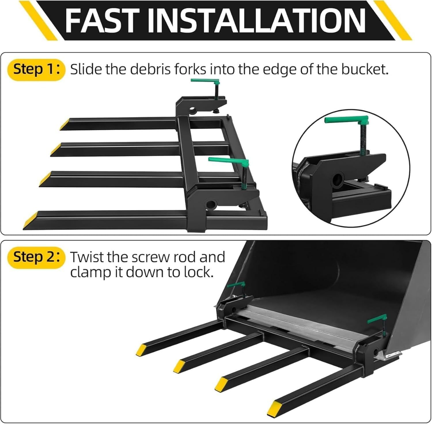 Clamp on Debris Forks for 43" Tractor Bucket, 2500 lbs Capacity 4 Tines Heavy Duty Pallet Forks for Skid Steer Loader Tractor