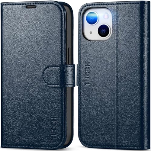 TUCCH Wallet Case for iPhone 14 (6.1") 2022 5G, Magnetic PU Leather Stand Flip Stand Phone Cover with[RFID Blocking][Credit Card Slots][Shockproof TPU] Compatible with iPhone 14, Blue & Lake Blue