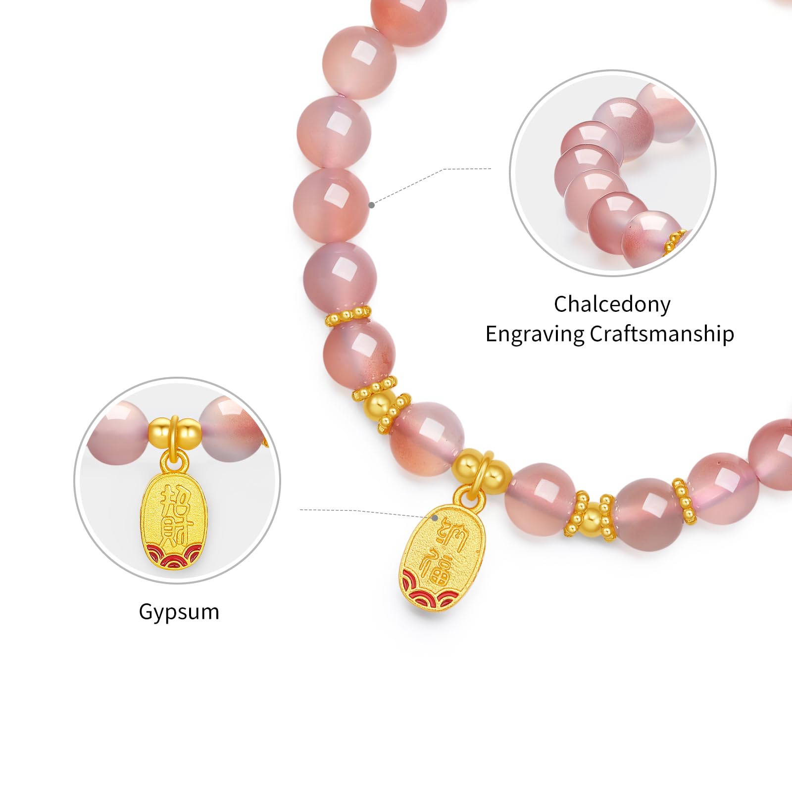 Bracciale in Argento Sterling Braccialetti con Perline in Argento e Agata Rosa Bracciale Elastico con Ciondolo della Fortuna Gioielli Portafortuna per Donne Mamma Figlia Compleanno 6.7"/17CM