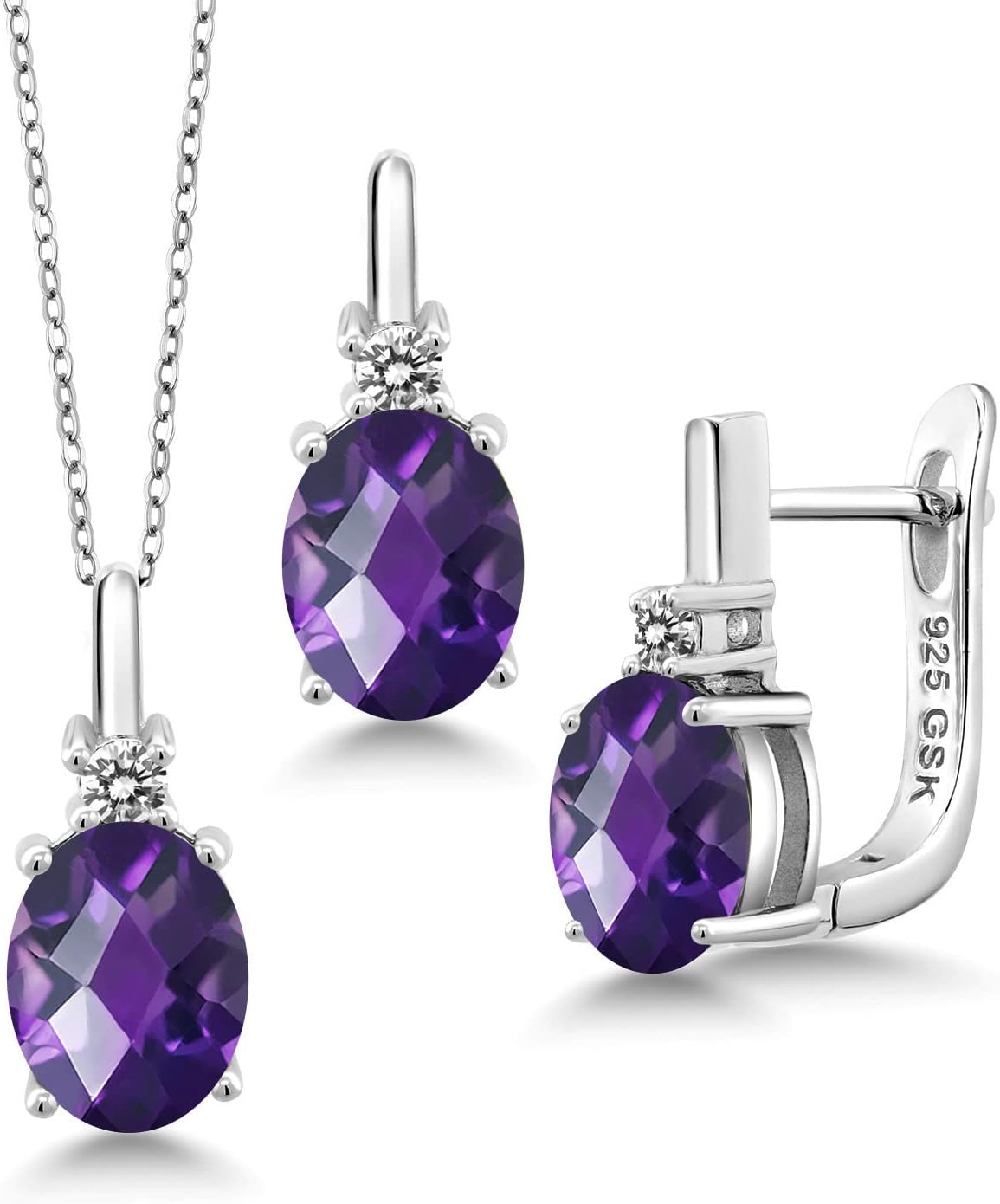 Gem Stone King Gemstone Birthstone and White Diamond Pendant and Earrings Jewelry Set for Women in 925 Sterling Silver | Oval 8X6MM and Round 2.5MM | Fine Jewelry Set for Her Mom Women Wife | With 18