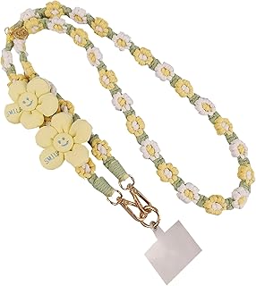 [NEZIH] ロング スマホストラップ 花柄 編み込み ショルダーストラップ レディース ネックストラップ リストストラップ 肩掛け 斜めがけ ホルダー 落下防止 フラワー 編み 手作り 可愛い(Free Sizeイエロー)