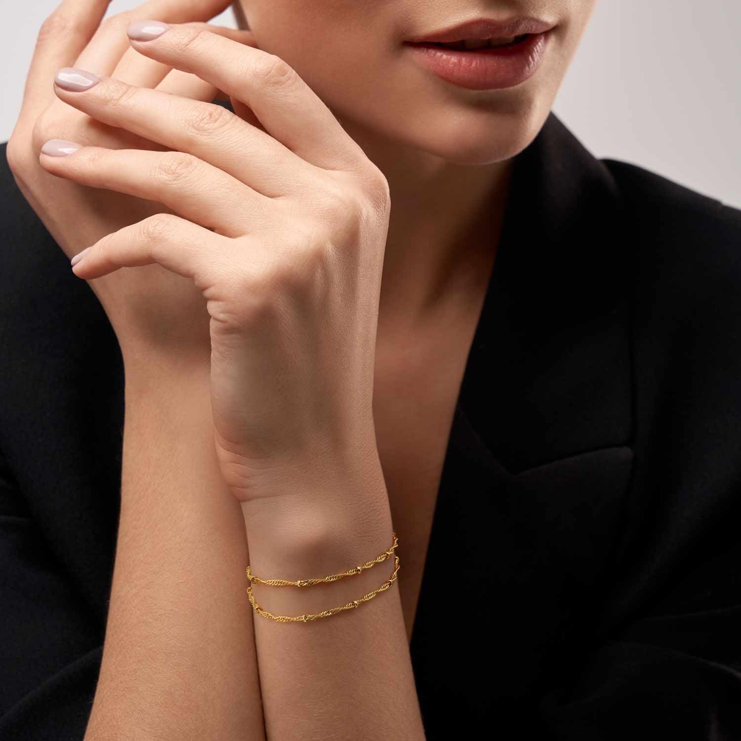 14K Gold Bracelets for Women Gold Bracelets for Women Beaded Bracelet for Womens Double-Layer Twisted Design Cuban Link Layered Bracelet for Womens Adjustable Size (7-8.6) in - Image 4