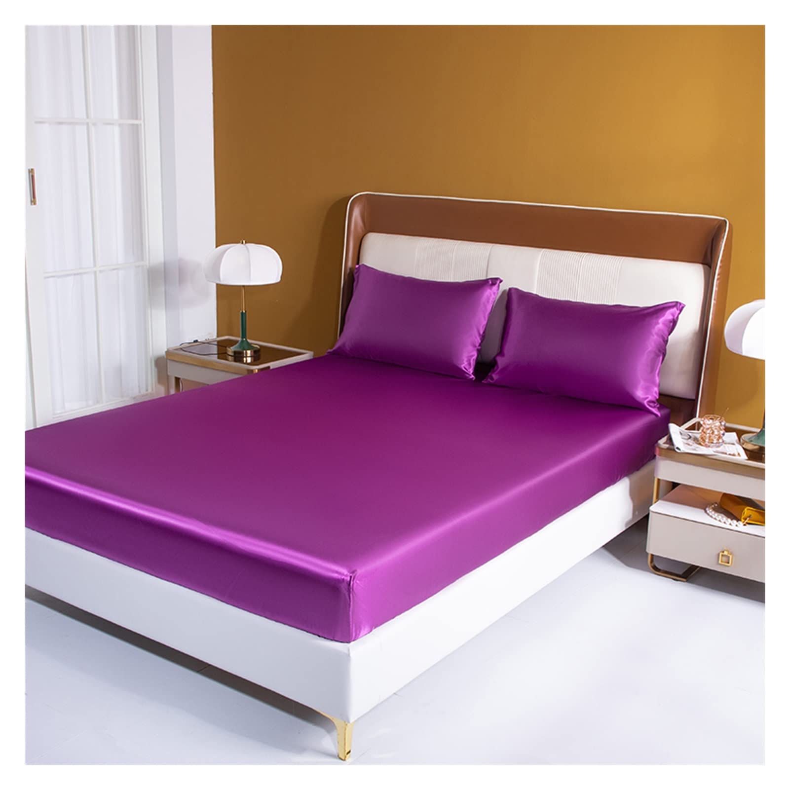 LHSJYG Sabanas Saten Sábana Ajustable de satén de Lujo Funda de colchón Individual Doble tamaño Queen con Banda elástica Sábana de Color sólido Sábana Ajustable(Shen zi,160x200x20cm)