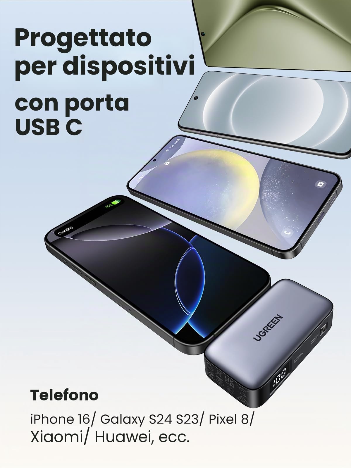 UGREEN Power Bank USB-C 22,5W Ricarica Rapida Supporto LED Compatibile iPhone 15 iPad Pro Galaxy Pixel