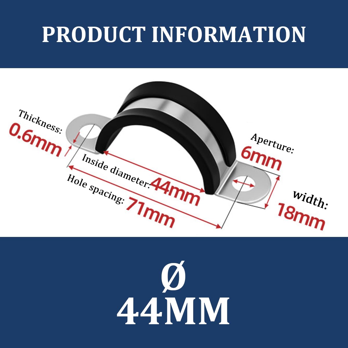 Ampia Gamma di Fascette Stringitubo Sfuse, 6 Pezzi, Fascette Stringicavo in Acciaio Inox, Fascette per Cavi, Isolamento in Gomma Nera (44 Mm)
