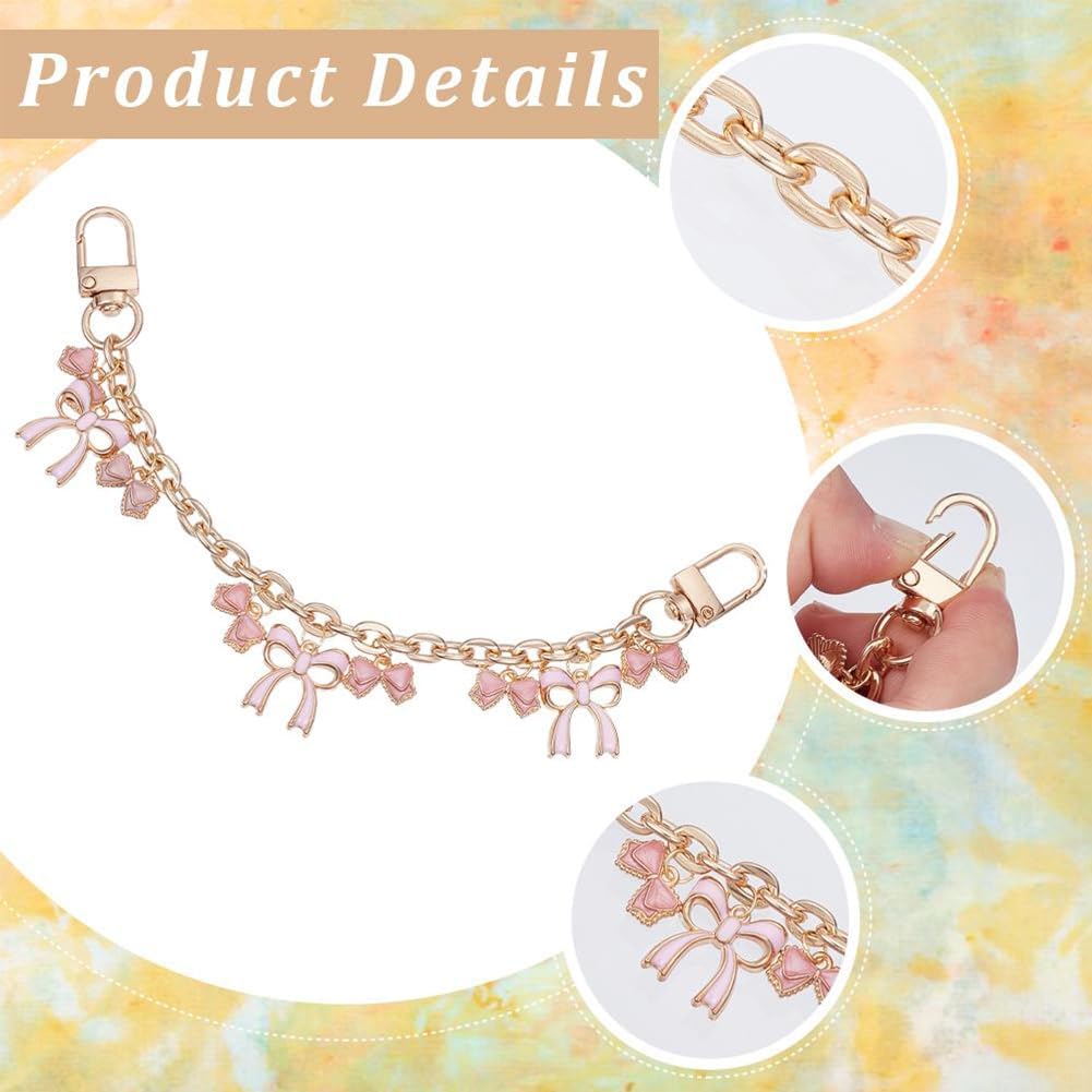 Beebeecraft 2Pcs 2 Styles Gold Decorative Bag Chain 8 Inch Bow Heart Enamel Pink Purse Chain Strap Replacement Extender for Wallets Bag Handbag