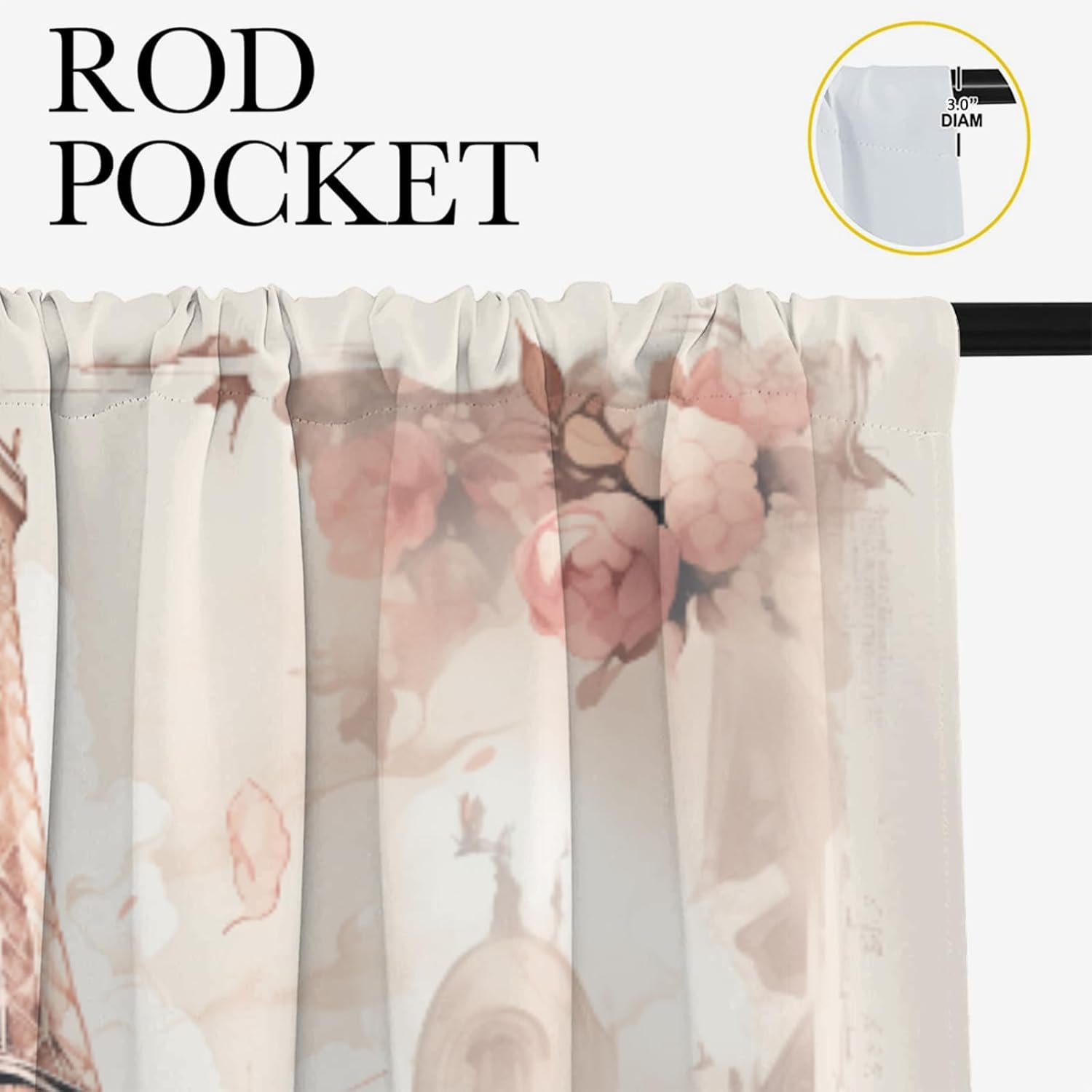 Paris Tower, Blackout Curtain Panels Vintage Floral and France Romance Street Rustic Rod Pocket Window Drapes Treatment for Living Room Bedroom 42x45 Inch