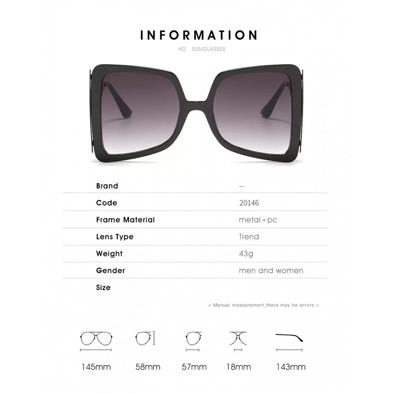 BAJIE Sonnenbrille Fashion Big Frame Metall Hohle Brille Beine Gradient Lightning Sonnenbrille für Männer und Frauen