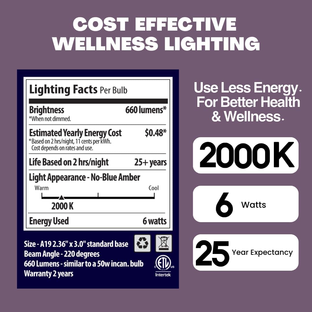 Norb Everyday Sleep Light Bulb - No Blue, Amber LED, 2000K Nighttime Lighting for Bedroom, Dimmable A19 Bulb Promotes Natural Melatonin & Circadian Rhythm for Babies, Kids, Adults, 6W (2-Pack)