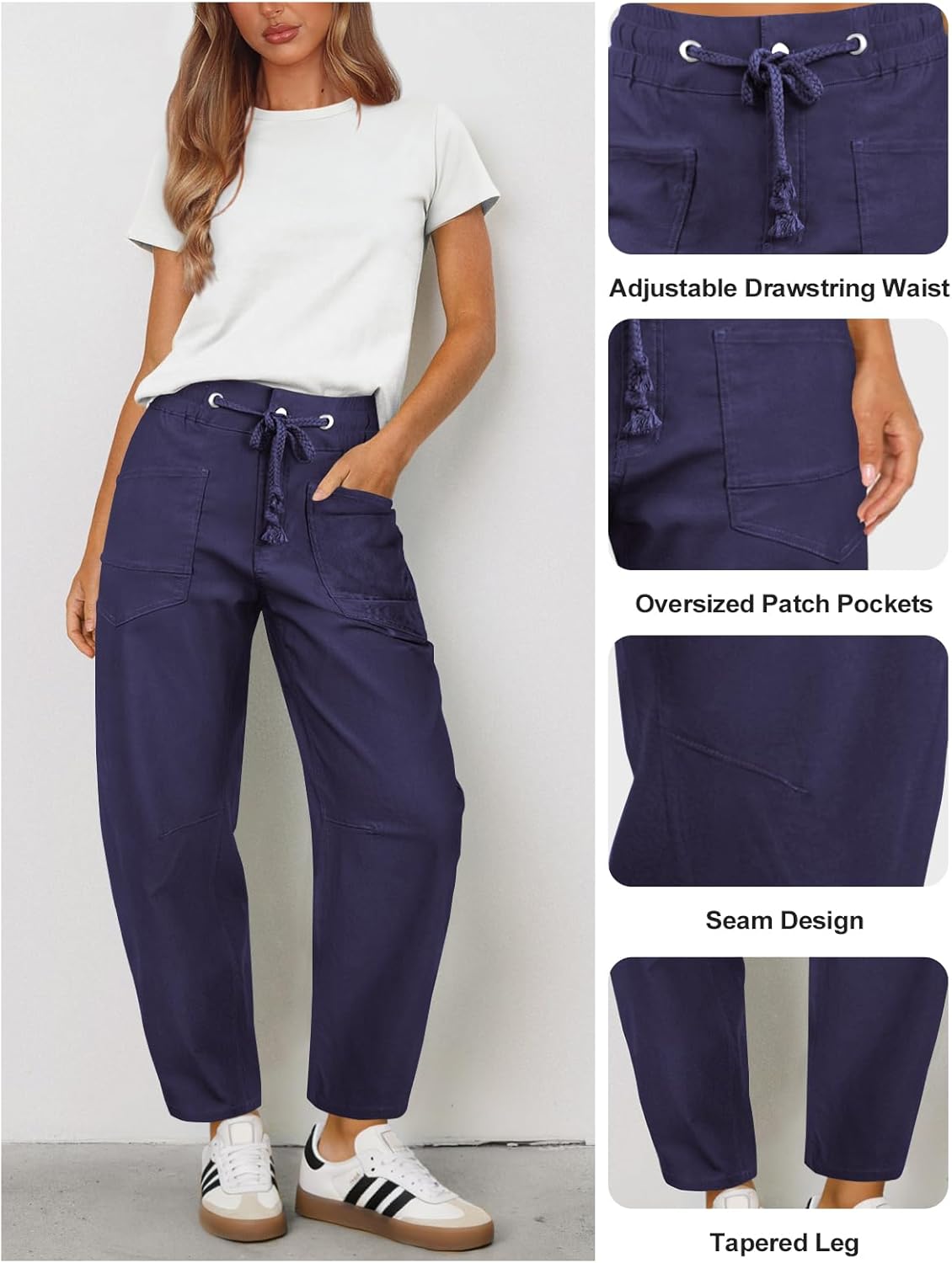 Womens Elastic Waist Pants for Women Drawstring Low Rise Baggy Barrel Pants Stretchy Ankle Cropped Trousers