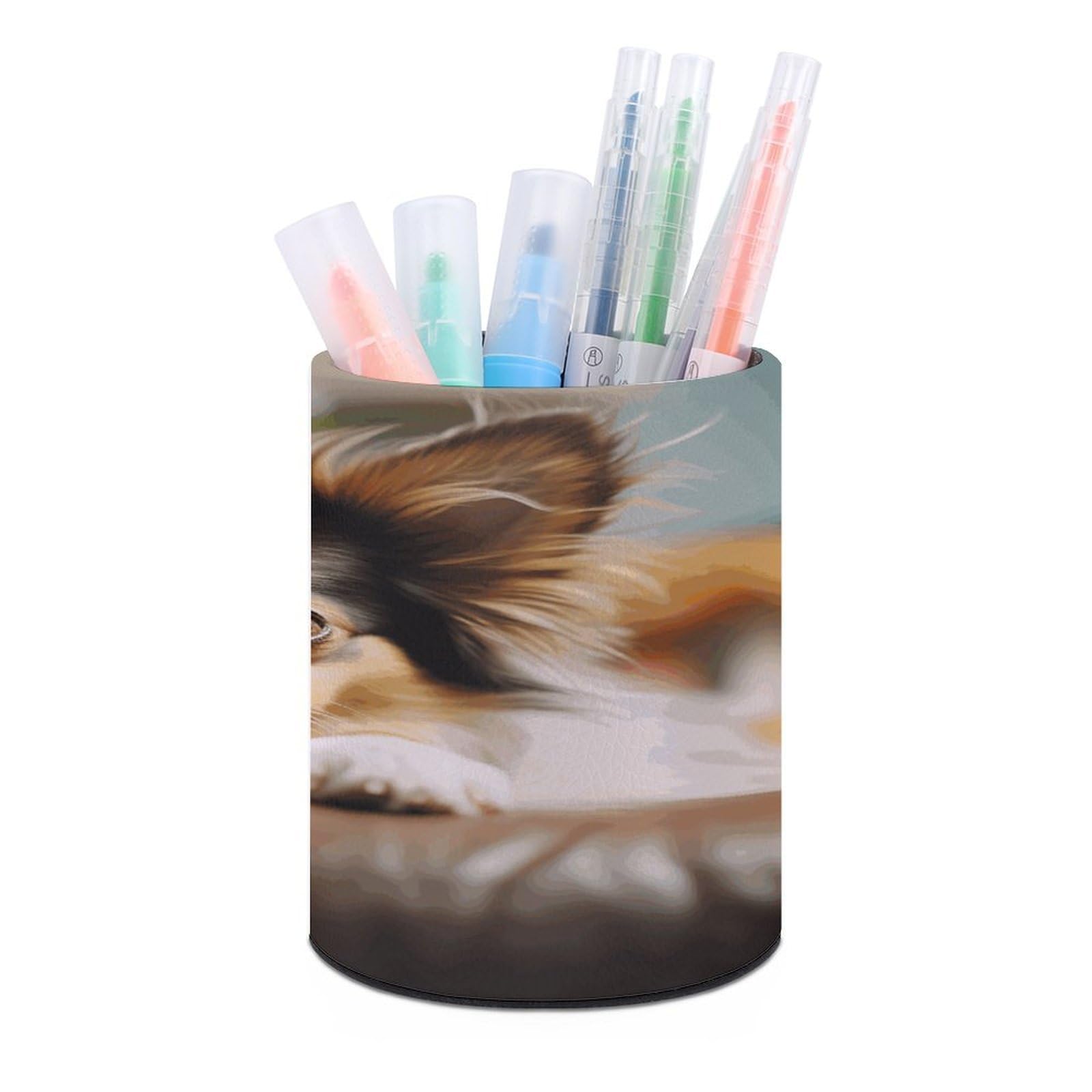 VstaDank Papillon Lying on Tummy Pen Holder Leather Pencil Cup Round Pencil Holder for Desk Organizer Personalized Pen Cup Fashion Pen Organizer Makeup Brush Holders for Office Home&Gift