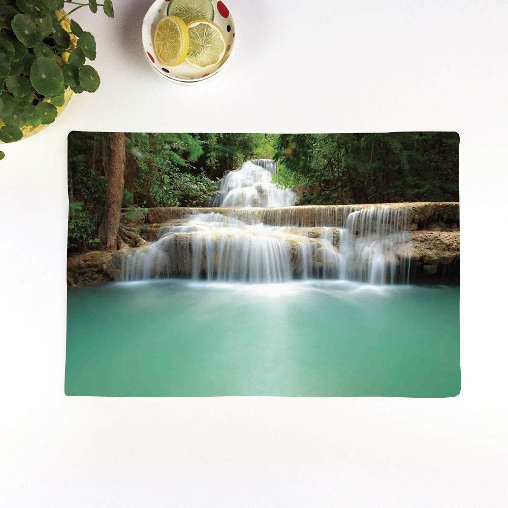 Table Mats,Waterfall,Falling Stream Waterfall Natural Pond Thailand Vacation Theme Print,Almond Green Bro,Set of 4 Placemats,Heat Resistant Heat Insulation Non-slip Washable Dinner Mats slip Placemats