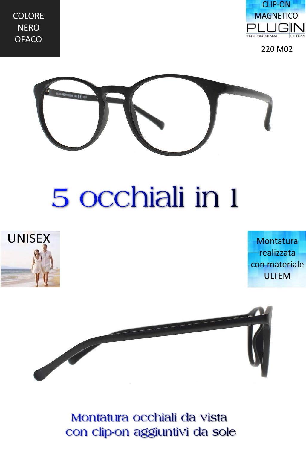 THEMA U-220 Colore M02 NERO OPACO - Fronte Ø 50 mm. Montatura per occhiali da vista e sole + 4 CLIP-ON Original “99 John St NYC” UNISEX