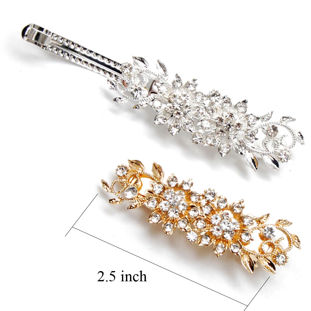 Luxxii - Clear Fancy Rhinestone Crystal Hair Barrette Clip Hair Pin (Pack 2, Silver & Gold Tone_C) : Beauty