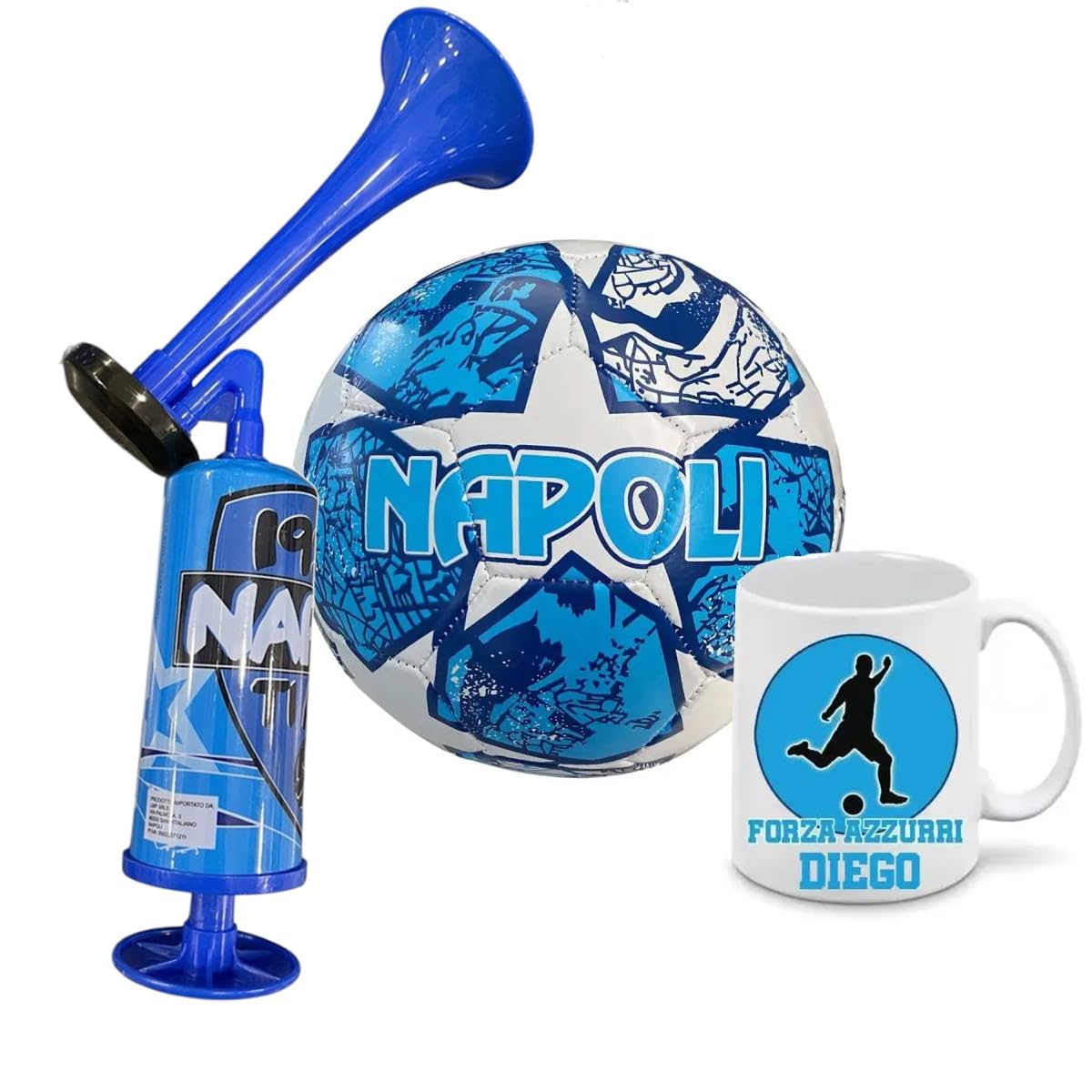 Generico Pallone con i colori del Napoli calcio e scritta Forza Azzurri + una tazza bianca personalizzabile + tromba stadio ad aria con i colori della tua squadra del cuore partenopeo tifoso regalo
