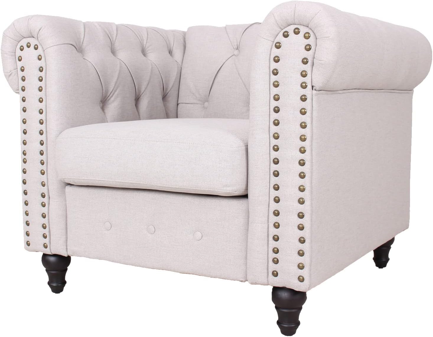 Linen Chair Traditional Armchair Chesterfield Single Sofa with Rivet Decoration & Wooden Legs for Living Room - Light Grey