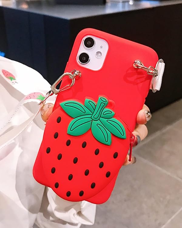 SGVAHY Wallet Case for iPhone 15 Pro Max with Strap Lanyard Cute Strawberry Coin Purse Funny Phone Case Kawaii Soft Silicone Shockproof Cover for Women Girls by SGVAHY - Image 2