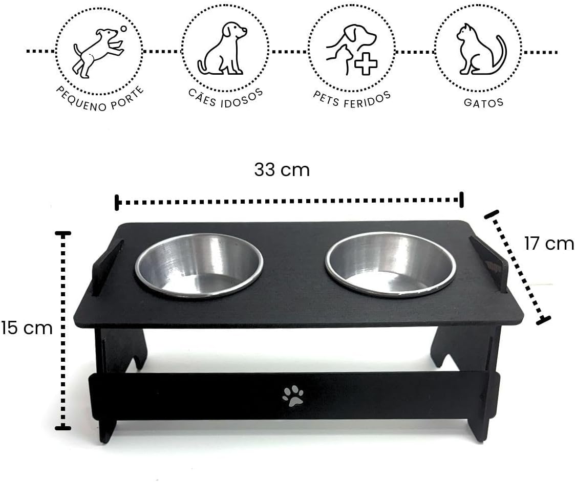 Comedouro Duplo Pet Elevado Mdf Pintado Preto Pote Inox 14cm