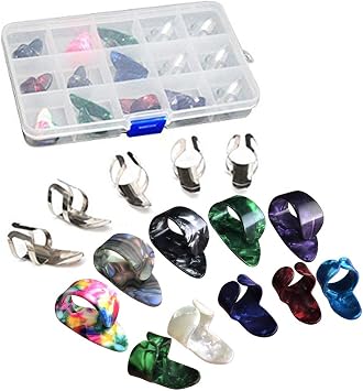15pcs Stainless Steel Celluloid Thumb Finger Guitar Picks Plectrum + 15 Grid Case Storage Box